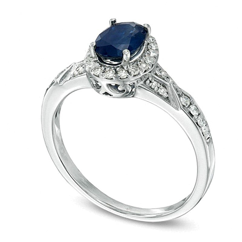 Oval Blue Sapphire and 0.2 CT. TW Diamond Ring in Sterling Silver