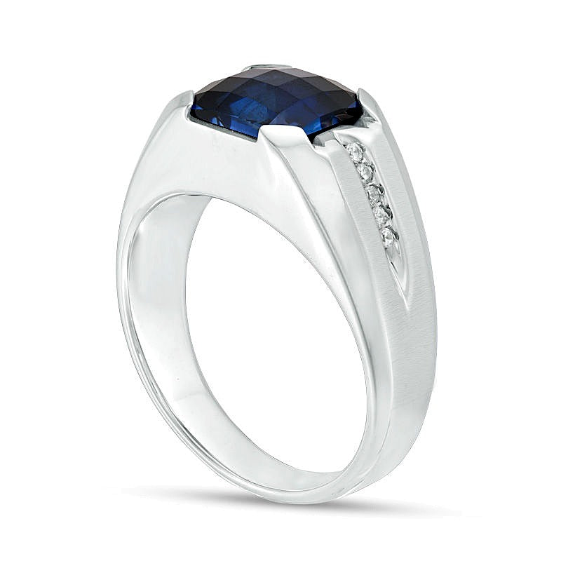 Cushion-Shaped Lab-Created Blue Sapphire and 0.05 CT. TW Diamond Ring in Sterling Silver