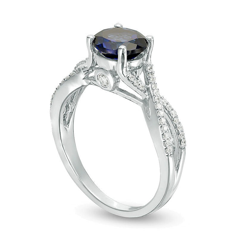 7.0mm Lab-Created Blue Sapphire and 0.17 CT. TW Diamond Twist Shank Engagement Ring in 10K White Gold