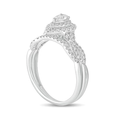 0.5 CT. TW Pear-Shaped Diamond Double Frame Multi-Row Bridal Set in 10K White Gold