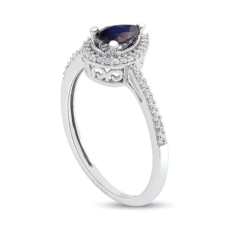 Pear-Shaped Blue Sapphire and 0.1 CT. TW Diamond Frame Vintage-Style Ring in 10K White Gold