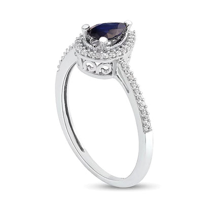 Pear-Shaped Blue Sapphire and 0.1 CT. TW Diamond Frame Vintage-Style Ring in 10K White Gold