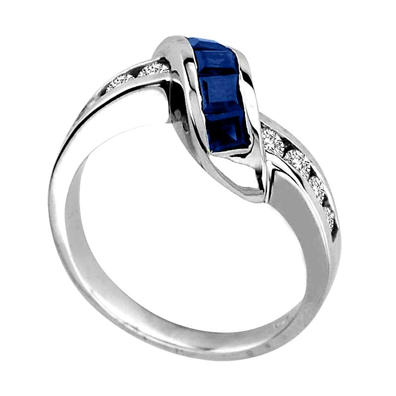 Princess-Cut Blue Sapphire and 0.33 CT. TW Diamond Slant Ring in 14K White Gold