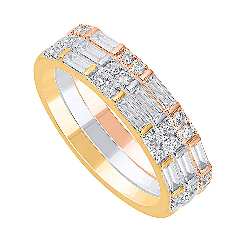 0.38 CT. TW Baguette and Round Diamond Duo Three Piece Stackable Ring Set in Sterling Silver and Two-Tone Rhodium
