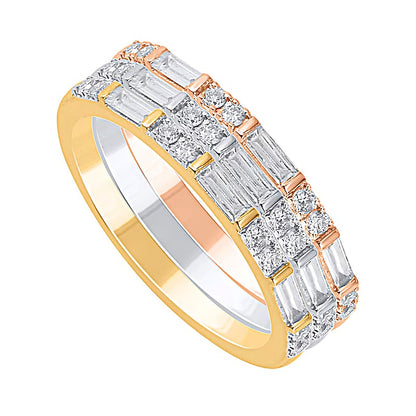 0.38 CT. TW Baguette and Round Diamond Duo Three Piece Stackable Ring Set in Sterling Silver and Two-Tone Rhodium