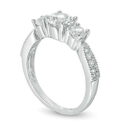 Lab-Created White Sapphire Three Stone Engagement Ring in 10K White Gold