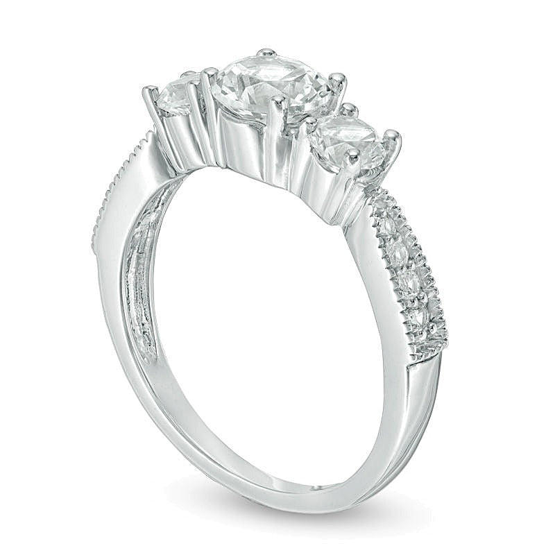 Lab-Created White Sapphire Three Stone Engagement Ring in 10K White Gold