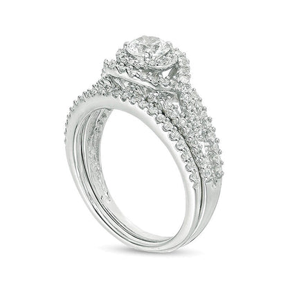 5.0mm Lab-Created White Sapphire Frame Bypass Swirl Split Shank Bridal Set in Sterling Silver