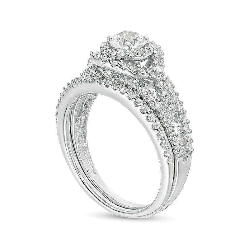 5.0mm Lab-Created White Sapphire Frame Bypass Swirl Split Shank Bridal Set in Sterling Silver