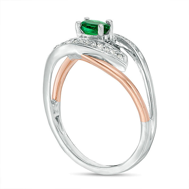Oval Lab-Created Emerald and Diamond Accent Split Shank Ring in Sterling Silver and 10K Rose Gold