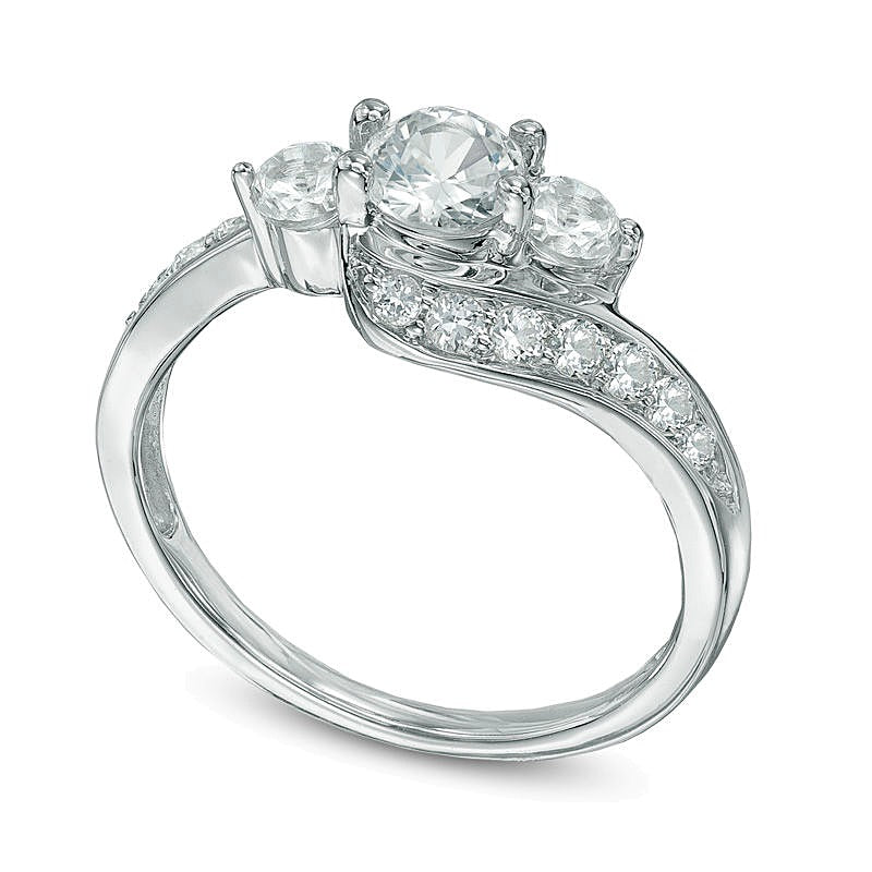 Lab-Created White Sapphire Three Stone Bypass Ring in 10K White Gold