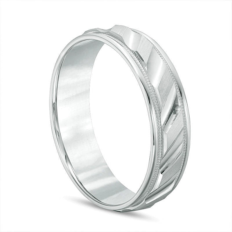 6.0mm Brushed Milgrain Slant Comfort Fit Wedding Band in 14K White Gold