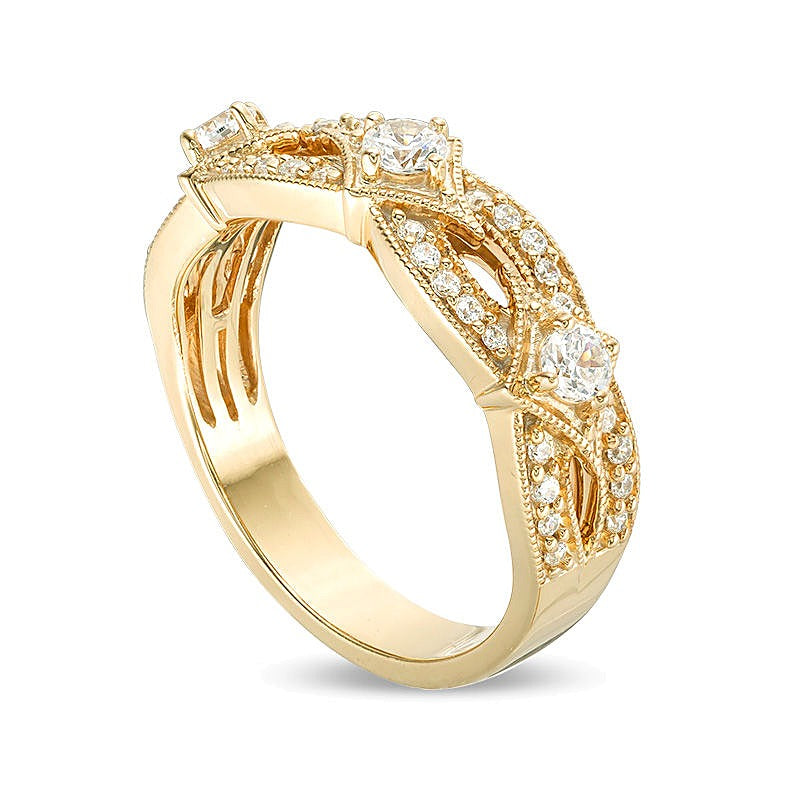 0.5 CT. TW Diamond Three Stone Contour Vintage-Style Anniversary Band in 14K Gold