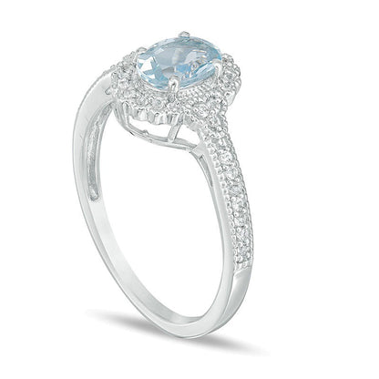 Oval Aquamarine and 0.13 CT. TW Diamond Frame Vintage-Style Ring in 10K White Gold