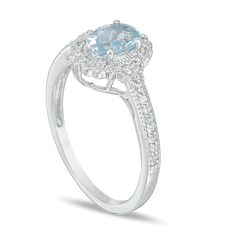 Oval Aquamarine and 0.13 CT. TW Diamond Frame Vintage-Style Ring in 10K White Gold
