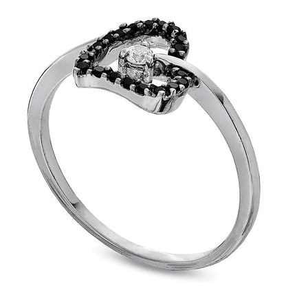 0.1 CT. TW Enhanced Black and White Diamond Tilted Heart Promise Ring in 10K White Gold