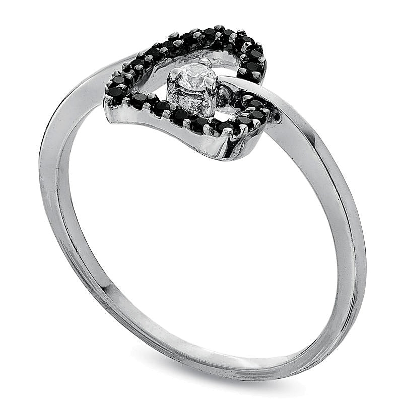 0.1 CT. TW Enhanced Black and White Diamond Tilted Heart Promise Ring in 10K White Gold