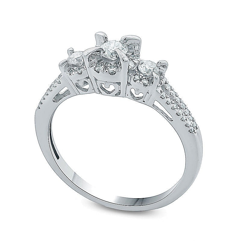 0.25 CT. TW Diamond Frame Three Stone Split Shank Promise Ring in 10K White Gold
