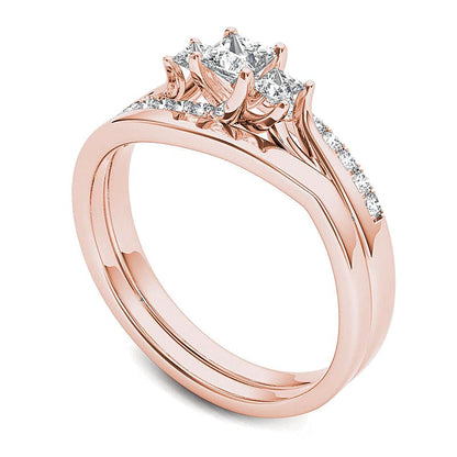 0.5 CT. TW Princess-Cut Diamond Three Stone Bypass Bridal Set in 14K Rose Gold