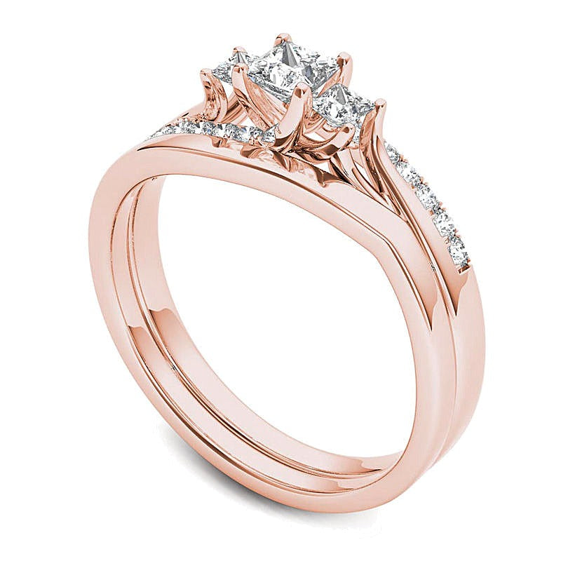 0.5 CT. TW Princess-Cut Diamond Three Stone Bypass Bridal Set in 14K Rose Gold