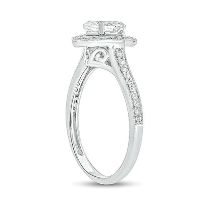 0.75 CT. TW Oval Diamond Flower Frame Vintage-Style Engagement Ring in 14K White Gold (I/I2)