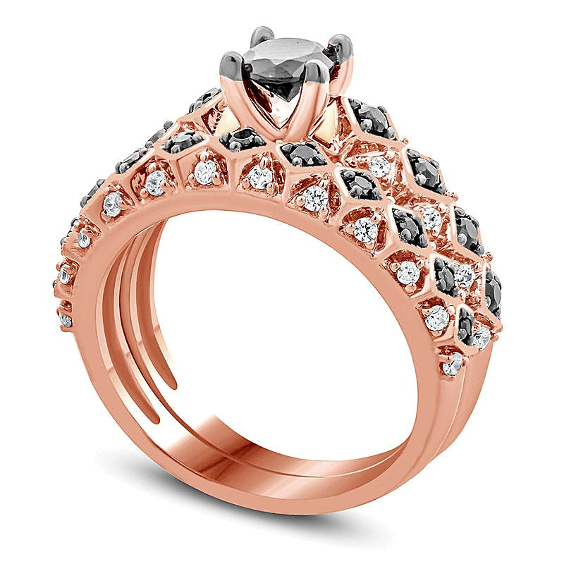 1.0 CT. TW Enhanced Black and White Diamond Tilted Square Shank Bridal Set in 10K Rose Gold