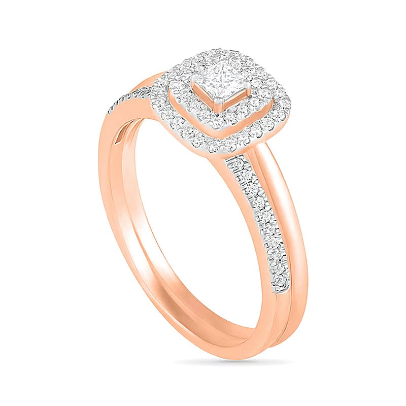0.38 CT. TW Princess-Cut Diamond Double Cushion Frame Bridal Set in 10K Rose Gold