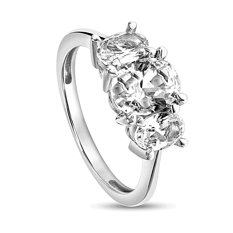 Oval White Lab-Created Sapphire Three Stone Engagement Ring in 10K White Gold