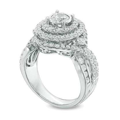 Previously Owned 2.0 CT. TW Diamond Oval Frame Split Shank Engagement Ring in 14K White Gold
