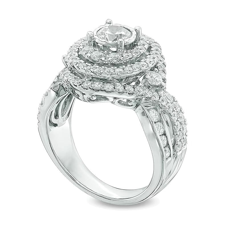 Previously Owned 2.0 CT. TW Diamond Oval Frame Split Shank Engagement Ring in 14K White Gold