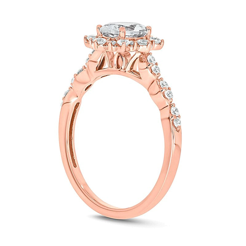 Oval White Lab-Created Sapphire and 0.33 CT. TW Diamond Starburst Frame Scallop Shank Engagement Ring in 10K Rose Gold