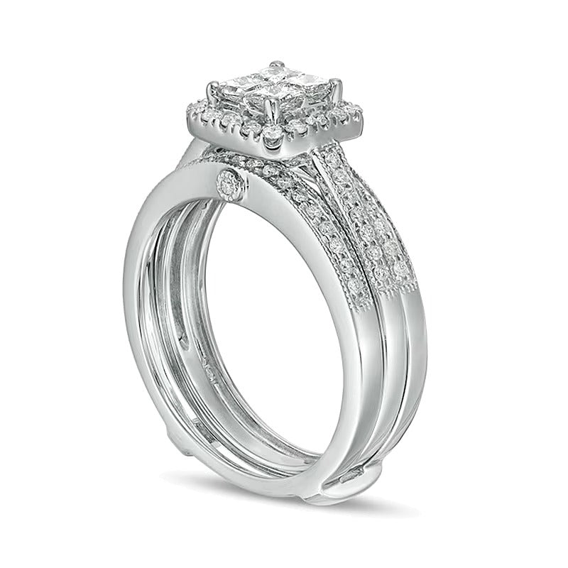 0.75 CT. TW Quad Princess-Cut Diamond Frame Vintage-Style Three Piece Bridal Set in 10K White Gold