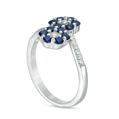 Lab-Created Blue and White Sapphire Double Flower Bypass Ring in Sterling Silver