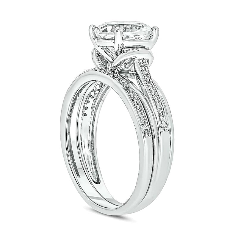 8.0mm White Lab-Created Sapphire and 0.17 CT. TW Diamond Collar Split Shank Bridal Set in Sterling Silver