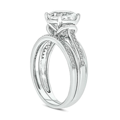8.0mm White Lab-Created Sapphire and 0.17 CT. TW Diamond Collar Split Shank Bridal Set in Sterling Silver