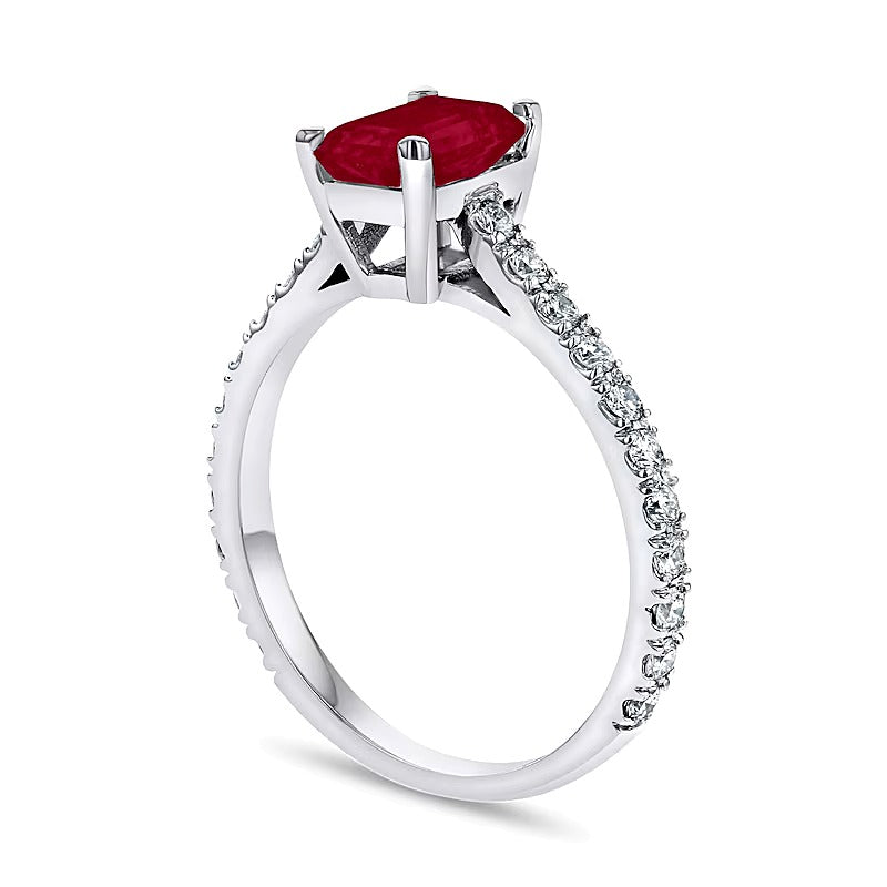 Emerald-Cut Ruby and 0.33 CT. TW Diamond Ring in 14K White Gold