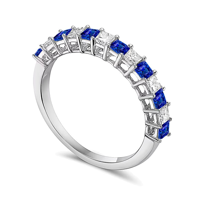 Princess-Cut Blue Sapphire and 0.38 CT. TW Princess-Cut Diamond Alternating Anniversary Band in 10K White Gold