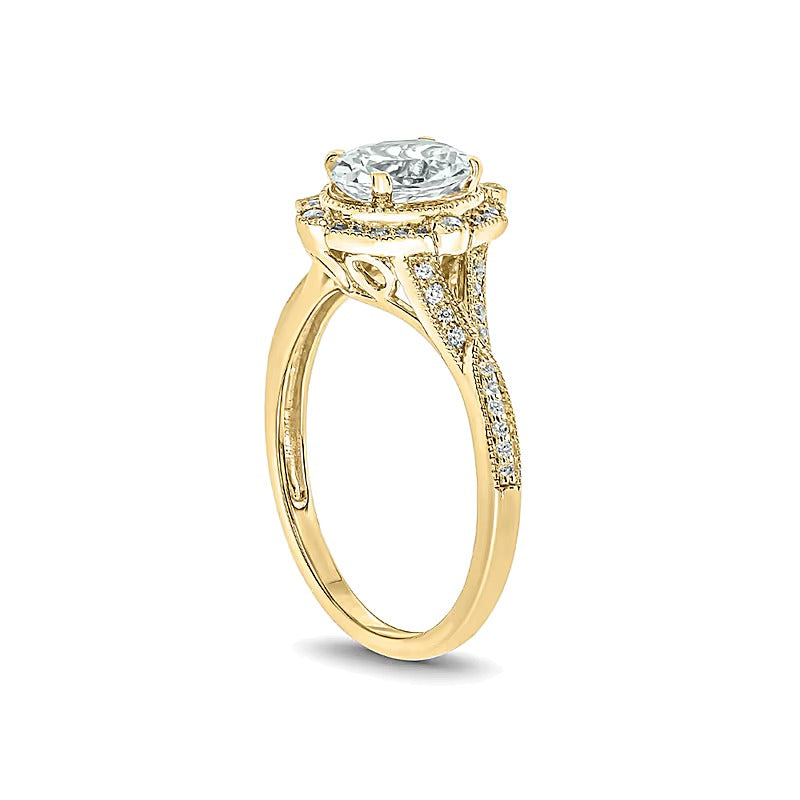 Oval White Lab-Created Sapphire and 0.2 CT. TW Diamond Quatrefoil Frame Art Deco Vintage-Style Ring in 10K Gold
