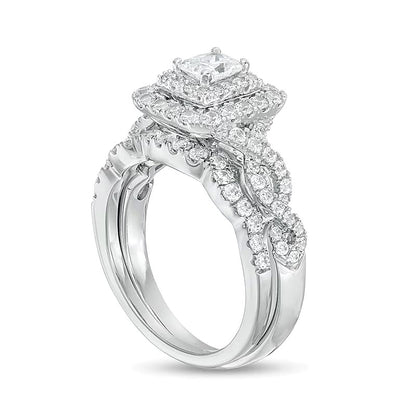 1.5 CT. TW Radiant-Cut Diamond Frame Twist Shank Bridal Set in 14K White Gold (I/I1)