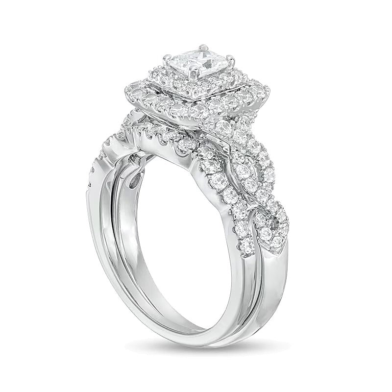 1.5 CT. TW Radiant-Cut Diamond Frame Twist Shank Bridal Set in 14K White Gold (I/I1)