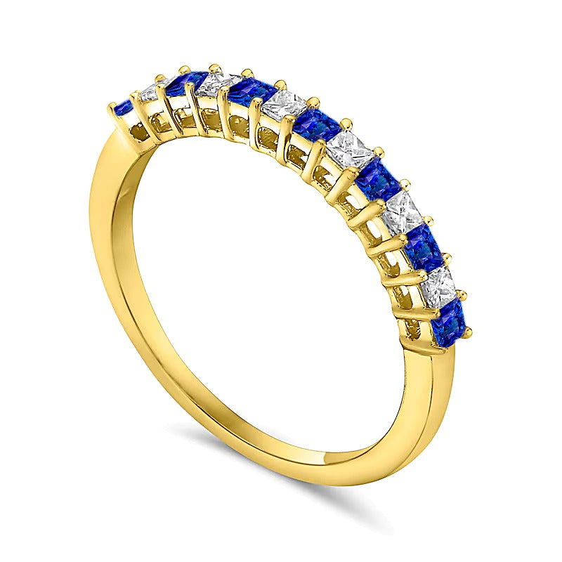 Princess-Cut Blue Sapphire and 0.2 CT. TW Princess-Cut Diamond Alternating Anniversary Band in 10K Gold