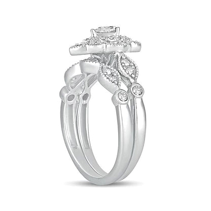 0.63 CT. TW Pear-Shaped Diamond Double Petal Frame Vintage-Style Bridal Set in 10K White Gold