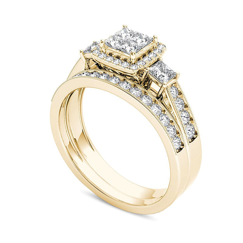 1.0 CT. TW Quad Princess-Cut Diamond Three Stone Frame Vintage-Style Bridal Set in 14K Gold
