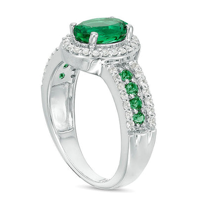 Oval Lab-Created Emerald and White Sapphire Frame Ring in Sterling Silver