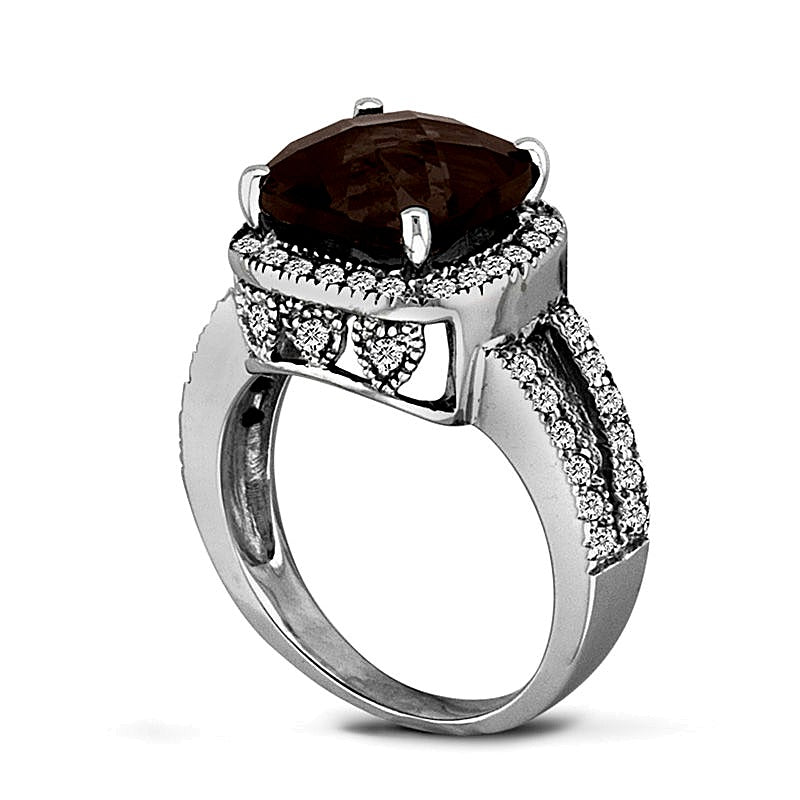 9.0mm Cushion-Shaped Smoky Quartz and 0.5 CT. TW Diamond Frame Split Shank Ring in 14K White Gold
