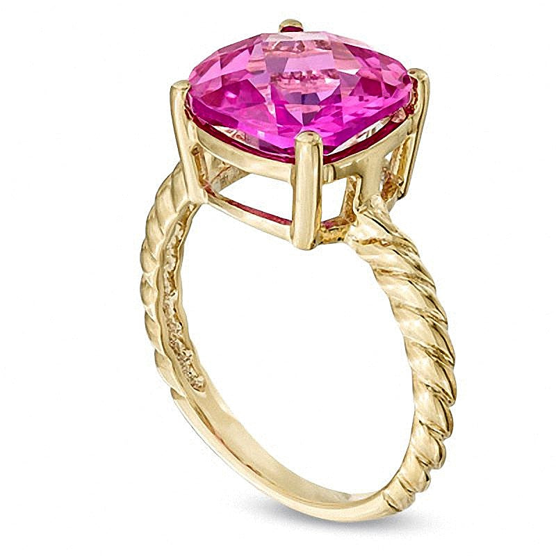 10.0mm Cushion-Cut Lab-Created Pink Sapphire Ring in 10K Gold