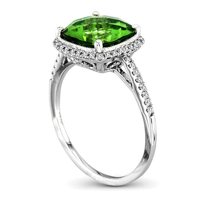 9.0mm Cushion-Shaped Peridot and 0.25 CT. TW Diamond Frame Ring in 14K White Gold