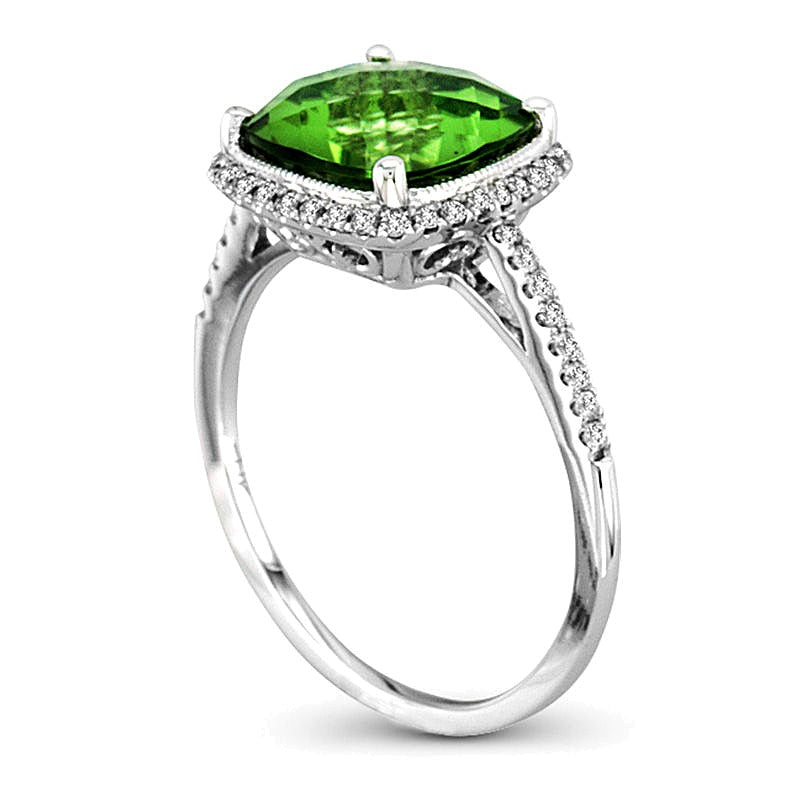 9.0mm Cushion-Shaped Peridot and 0.25 CT. TW Diamond Frame Ring in 14K White Gold