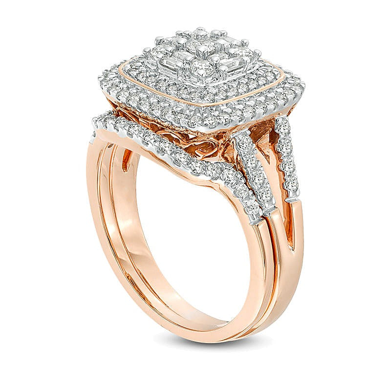 1.0 CT. TW Multi-Diamond Double Cushion Frame Bridal Set in 10K Rose Gold