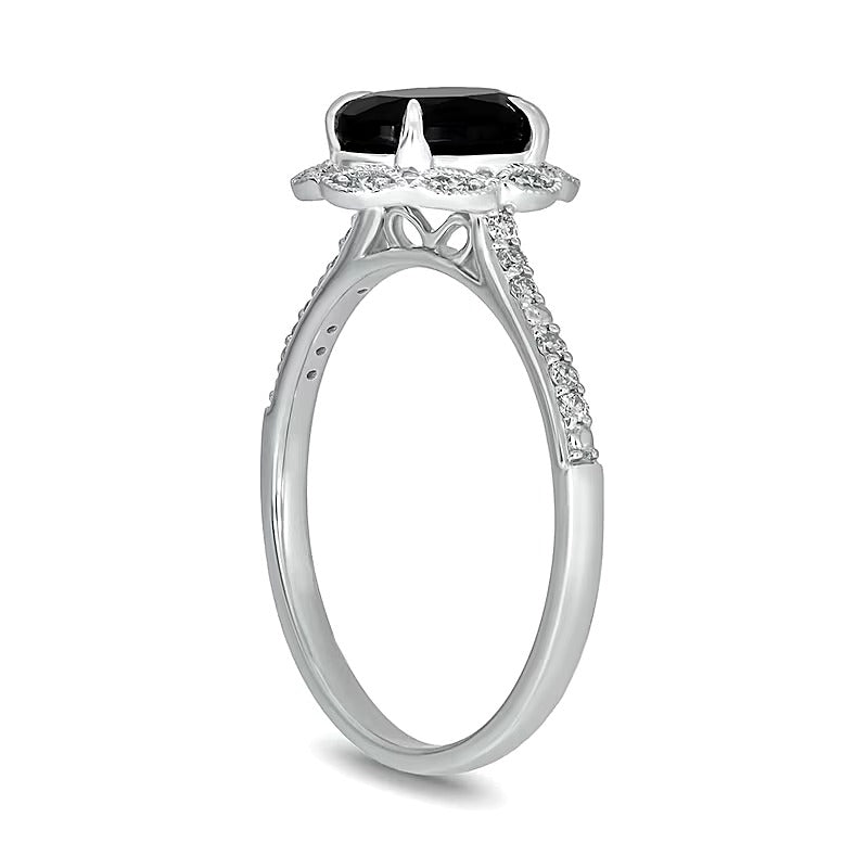 Oval Black Sapphire and 0.17 CT. TW Diamond Scallop Frame Ring in 10K White Gold
